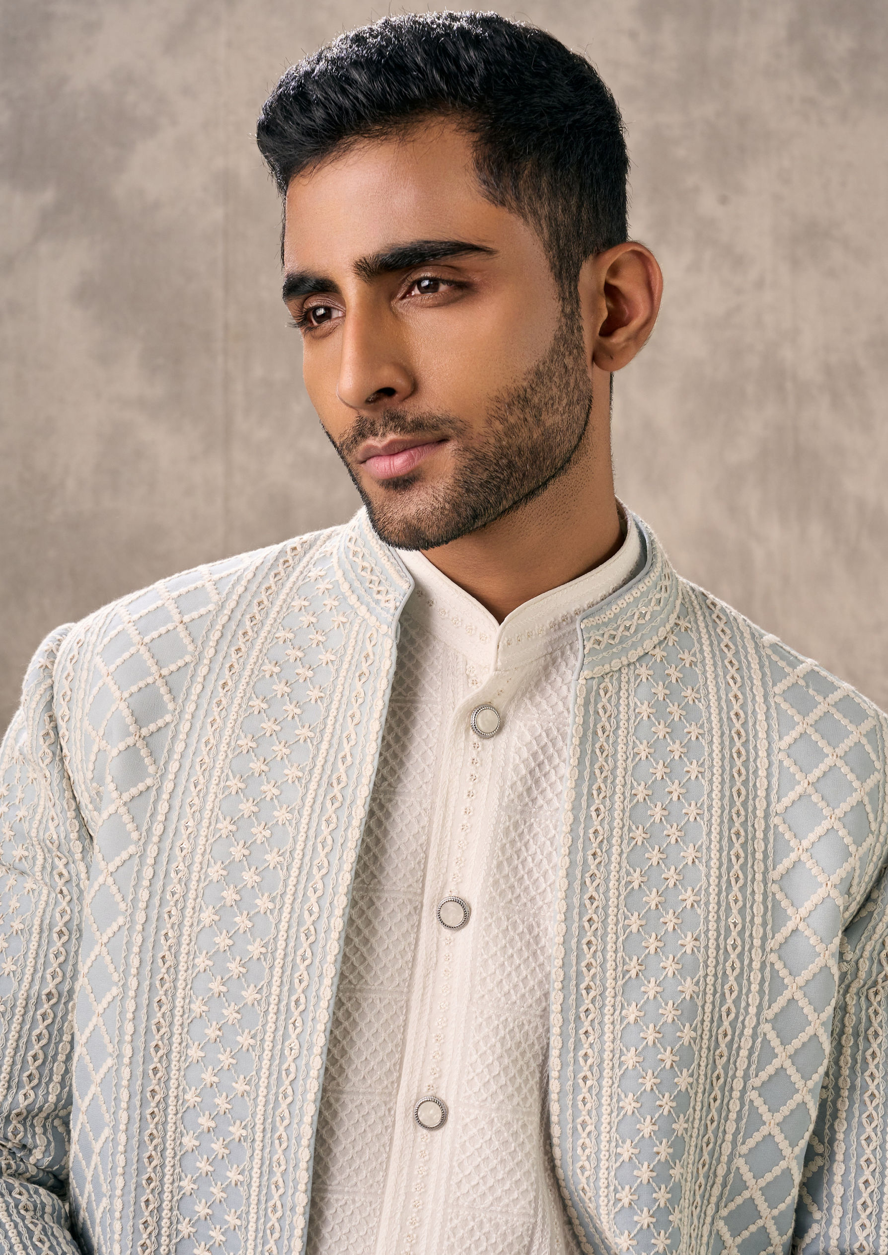 Twamev Men Light Blue Georgette Ensemble Indo Western