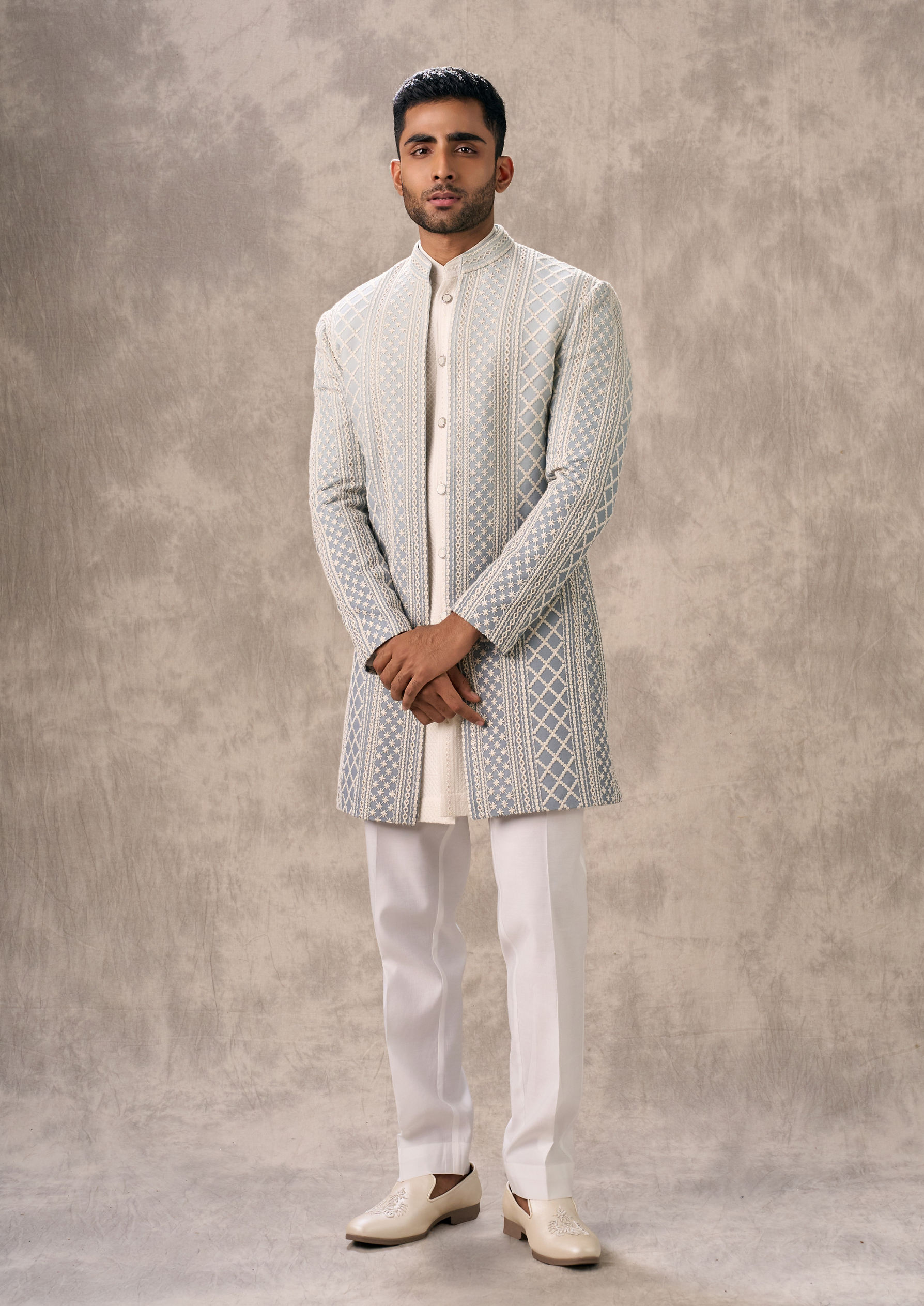 Twamev Men Light Blue Georgette Ensemble Indo Western
