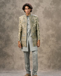 Twamev Men Cream & Grey Pashmina Silk Architectural Woven Indo Western Ensemble