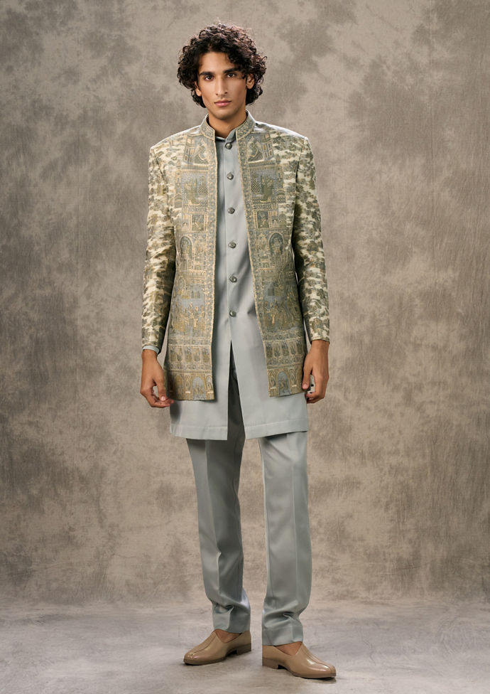 Twamev Men Cream Light Blue Ensemble Indo Western