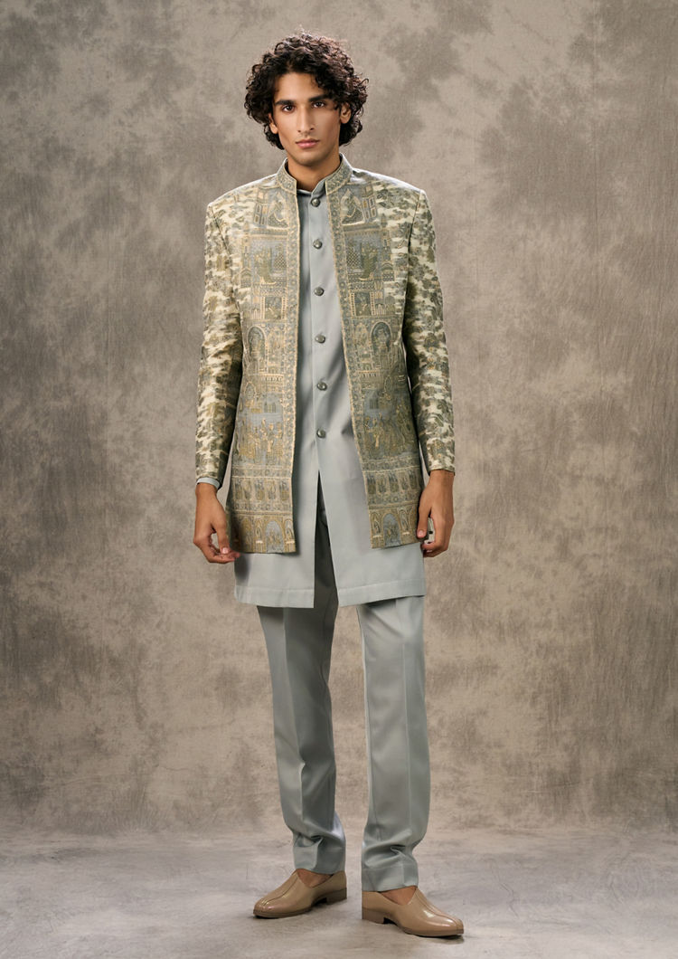Twamev Men Cream Light Blue Ensemble Indo Western