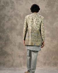 Twamev Men Cream & Grey Pashmina Silk Architectural Woven Indo Western Ensemble