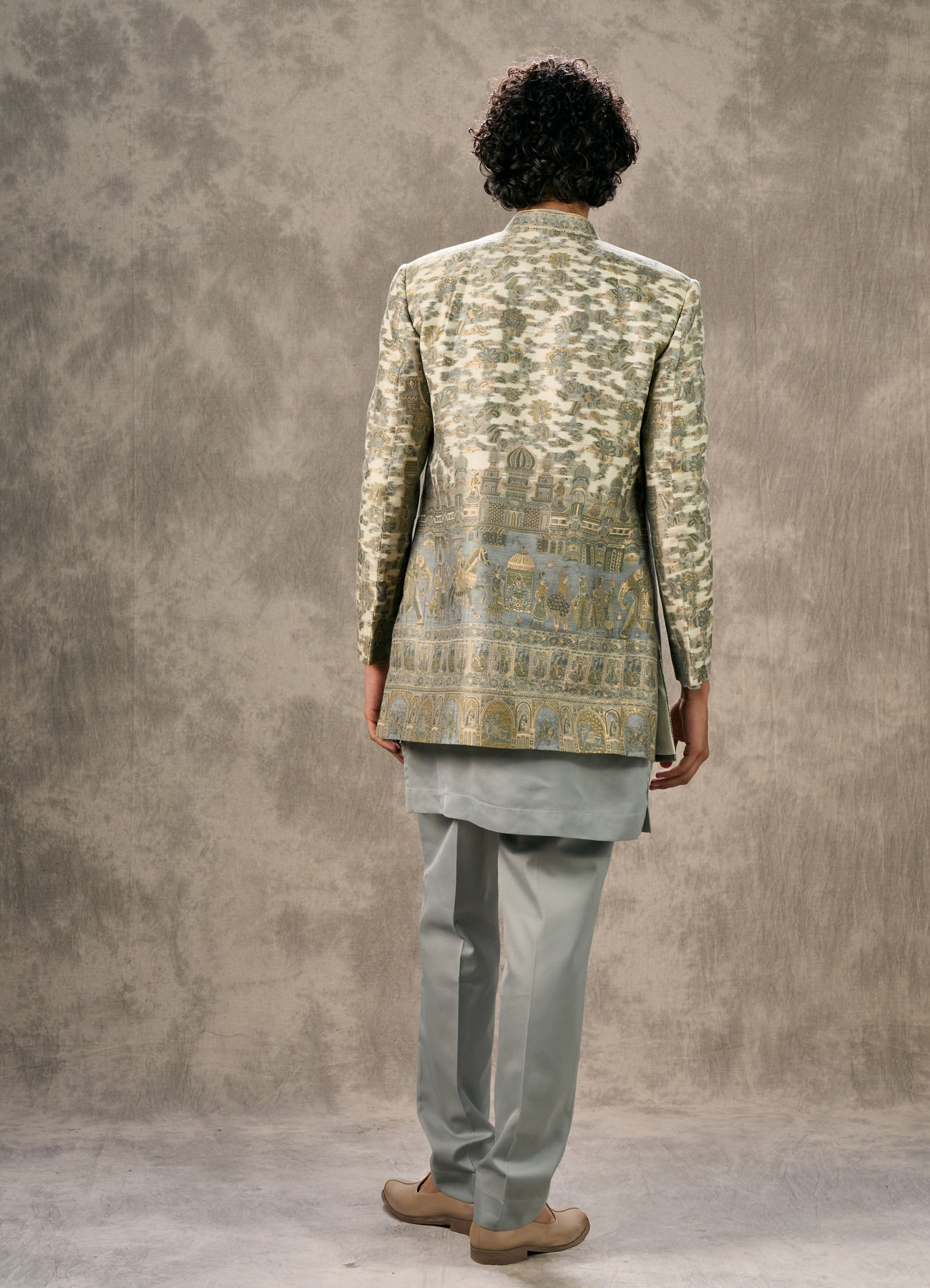 Twamev Men Cream & Grey Pashmina Silk Architectural Woven Indo Western Ensemble