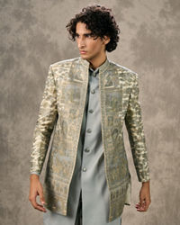 Twamev Men Cream & Grey Pashmina Silk Architectural Woven Indo Western Ensemble