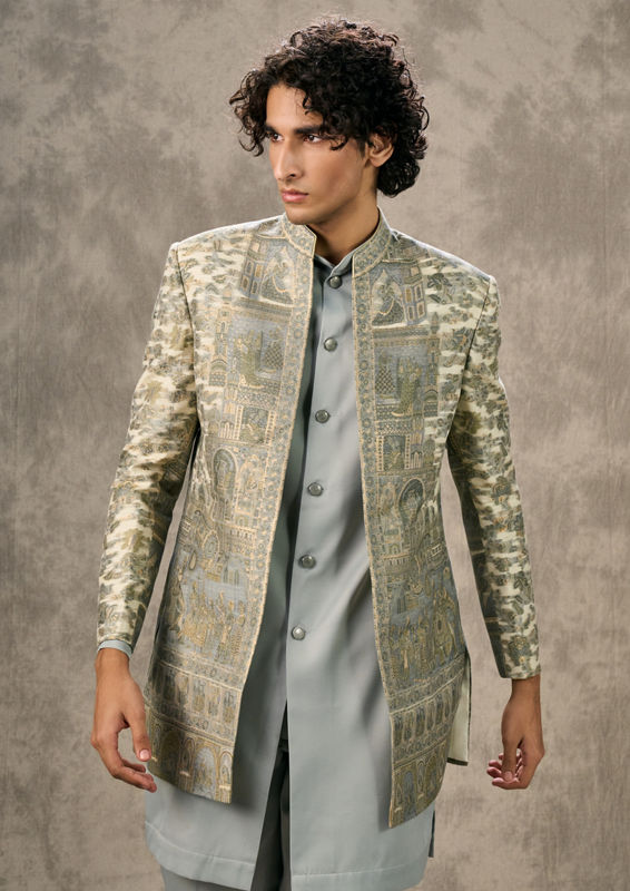 Twamev Men Cream Light Blue Ensemble Indo Western