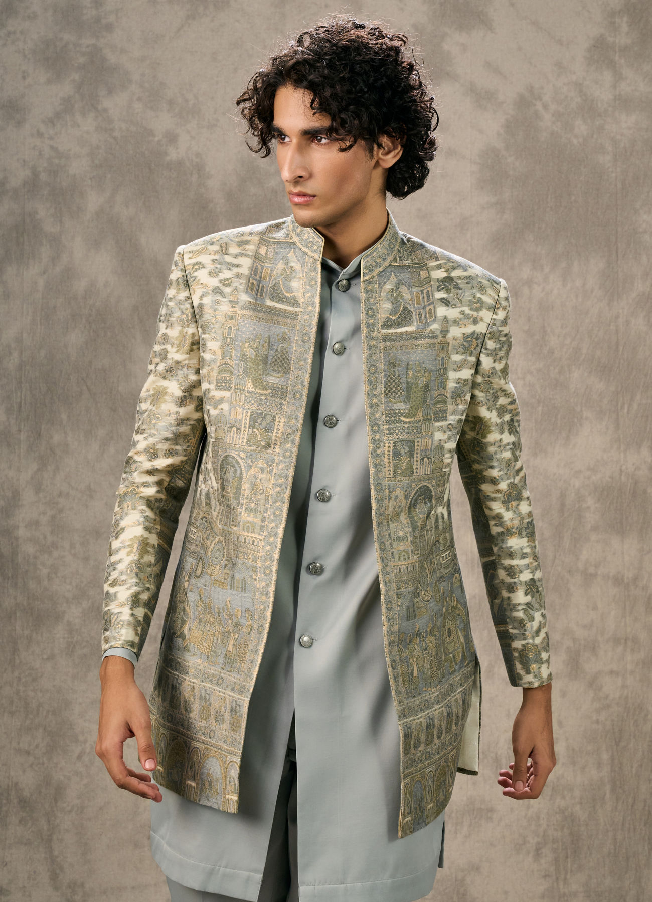 Twamev Men Cream & Grey Pashmina Silk Architectural Woven Indo Western Ensemble
