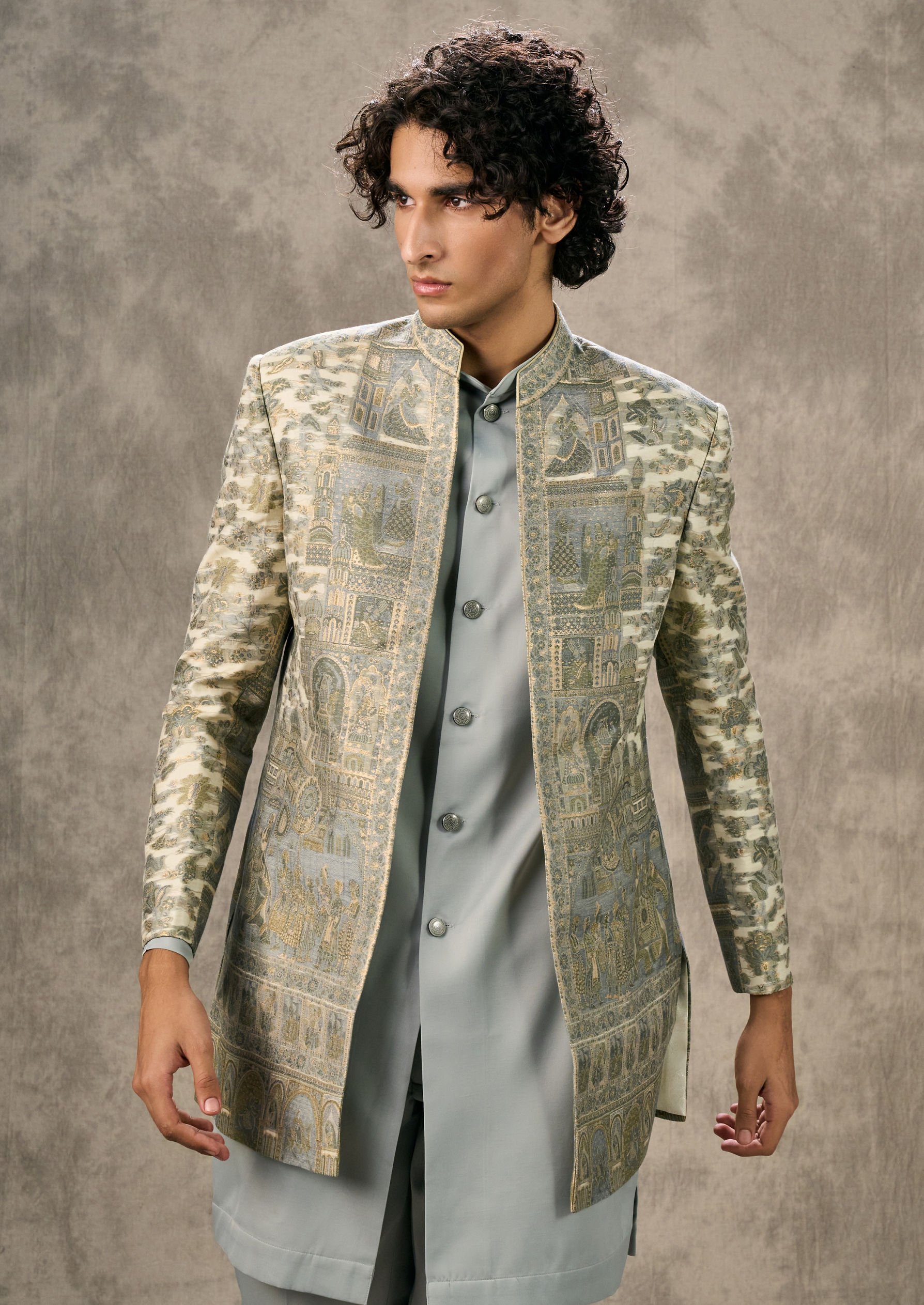 Twamev Men Cream Light Blue Ensemble Indo Western