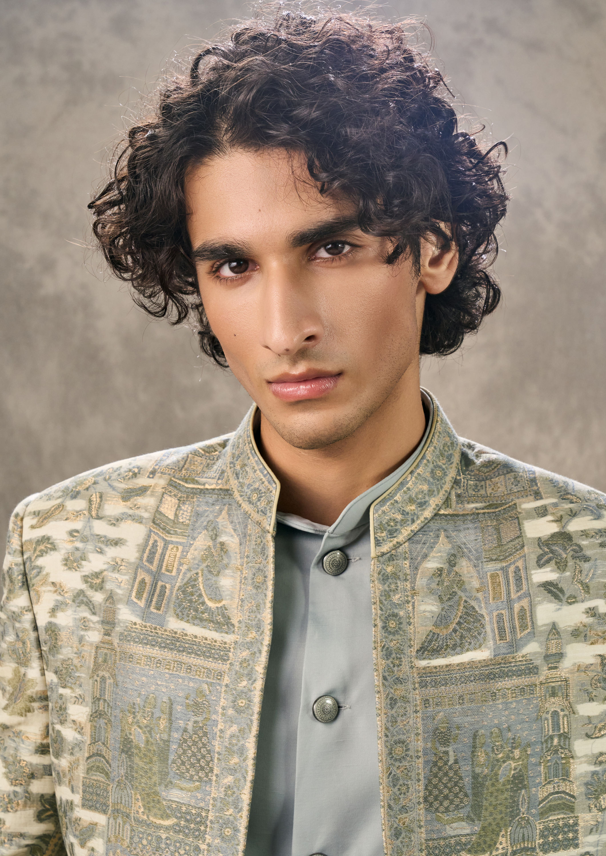 Twamev Men Cream Light Blue Ensemble Indo Western