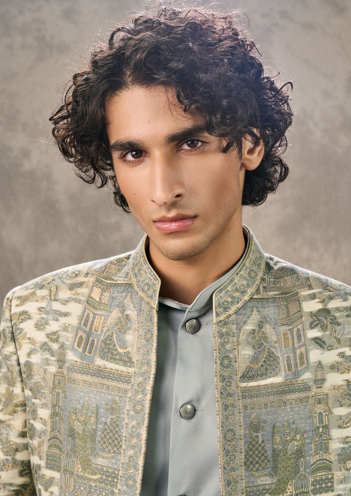 Twamev Men Cream Light Blue Ensemble Indo Western