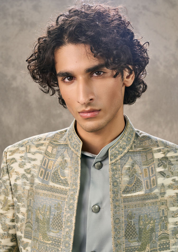 Twamev Men Cream Light Blue Ensemble Indo Western