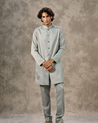 Twamev Men Cream & Grey Pashmina Silk Architectural Woven Indo Western Ensemble