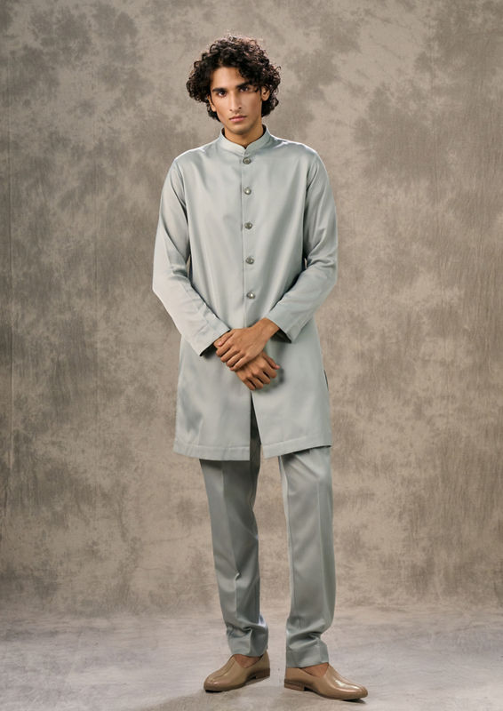 Twamev Men Cream Light Blue Ensemble Indo Western