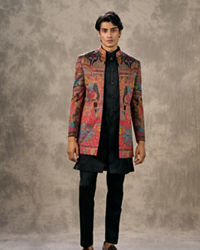 Twamev Men Black Georgette Multicolour Kalamkari Woven Indo Western Ensemble