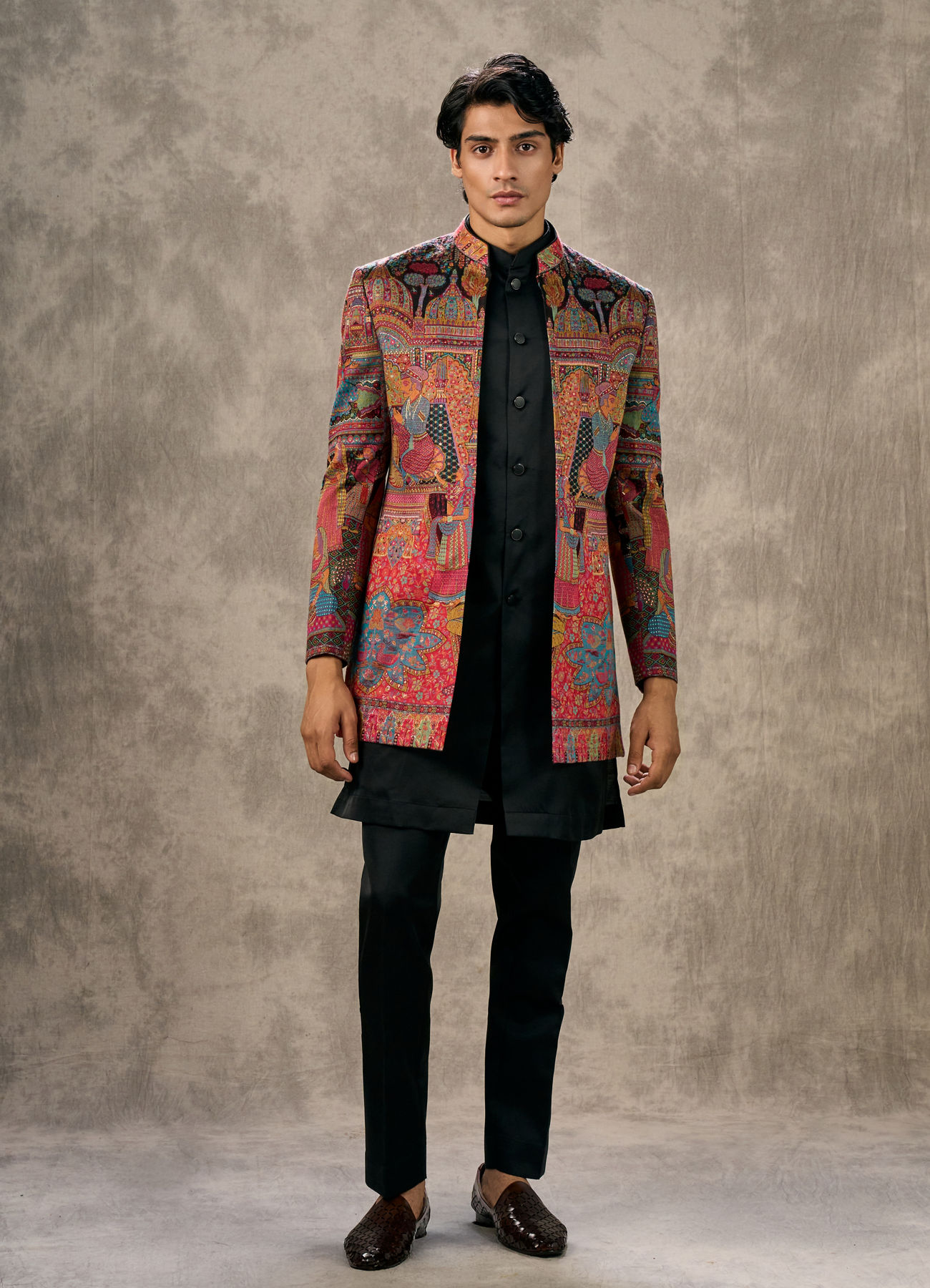 Twamev Men Black Georgette Multicolour Kalamkari Woven Indo Western Ensemble