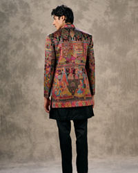 Twamev Men Black Georgette Multicolour Kalamkari Woven Indo Western Ensemble