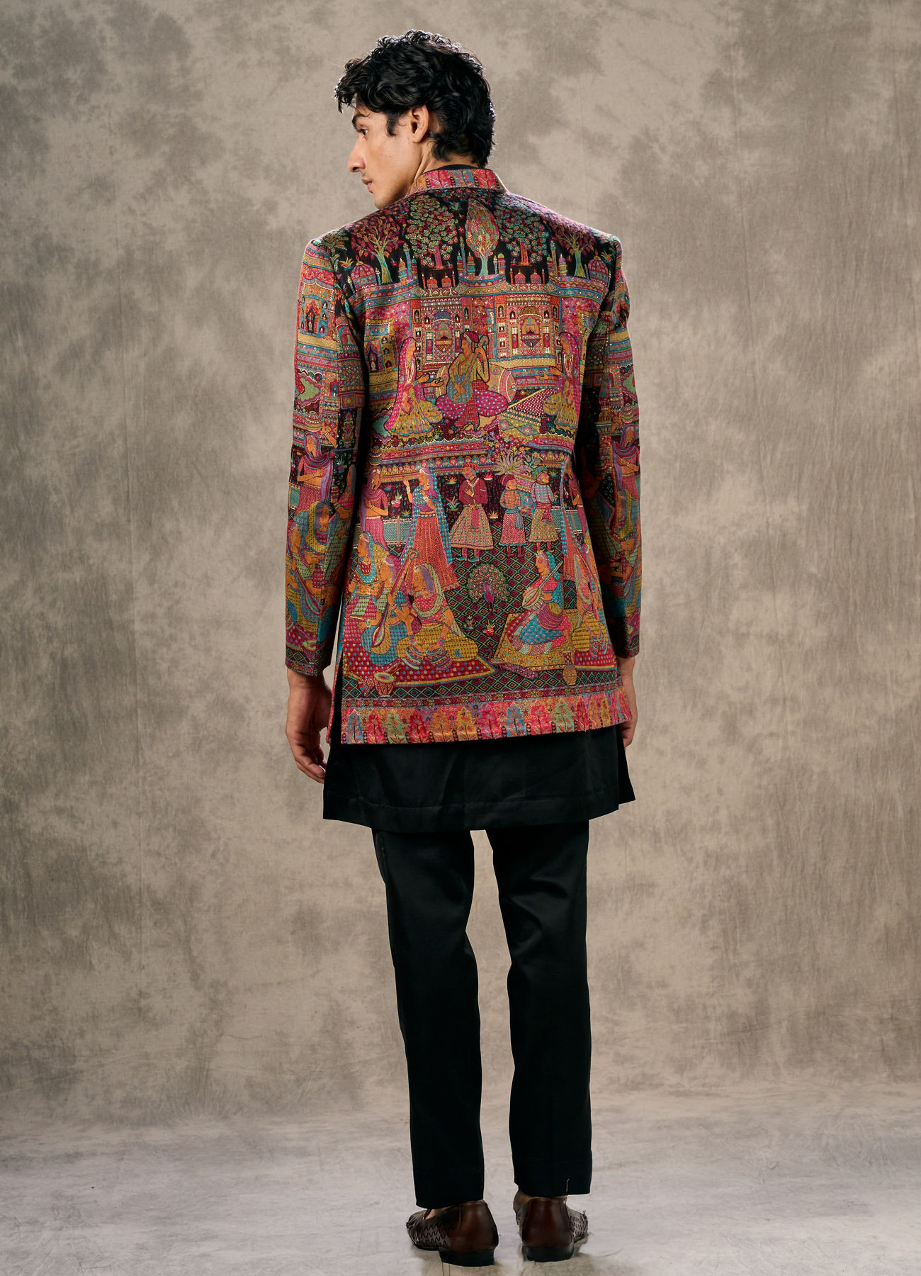 Twamev Men Black Georgette Multicolour Kalamkari Woven Indo Western Ensemble