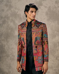 Twamev Men Black Georgette Multicolour Kalamkari Woven Indo Western Ensemble