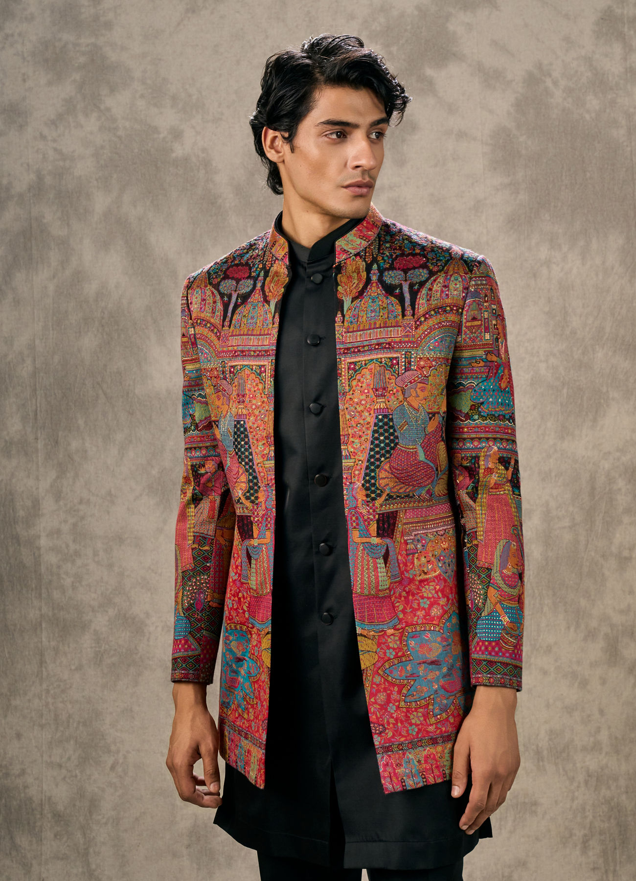 Twamev Men Black Georgette Multicolour Kalamkari Woven Indo Western Ensemble