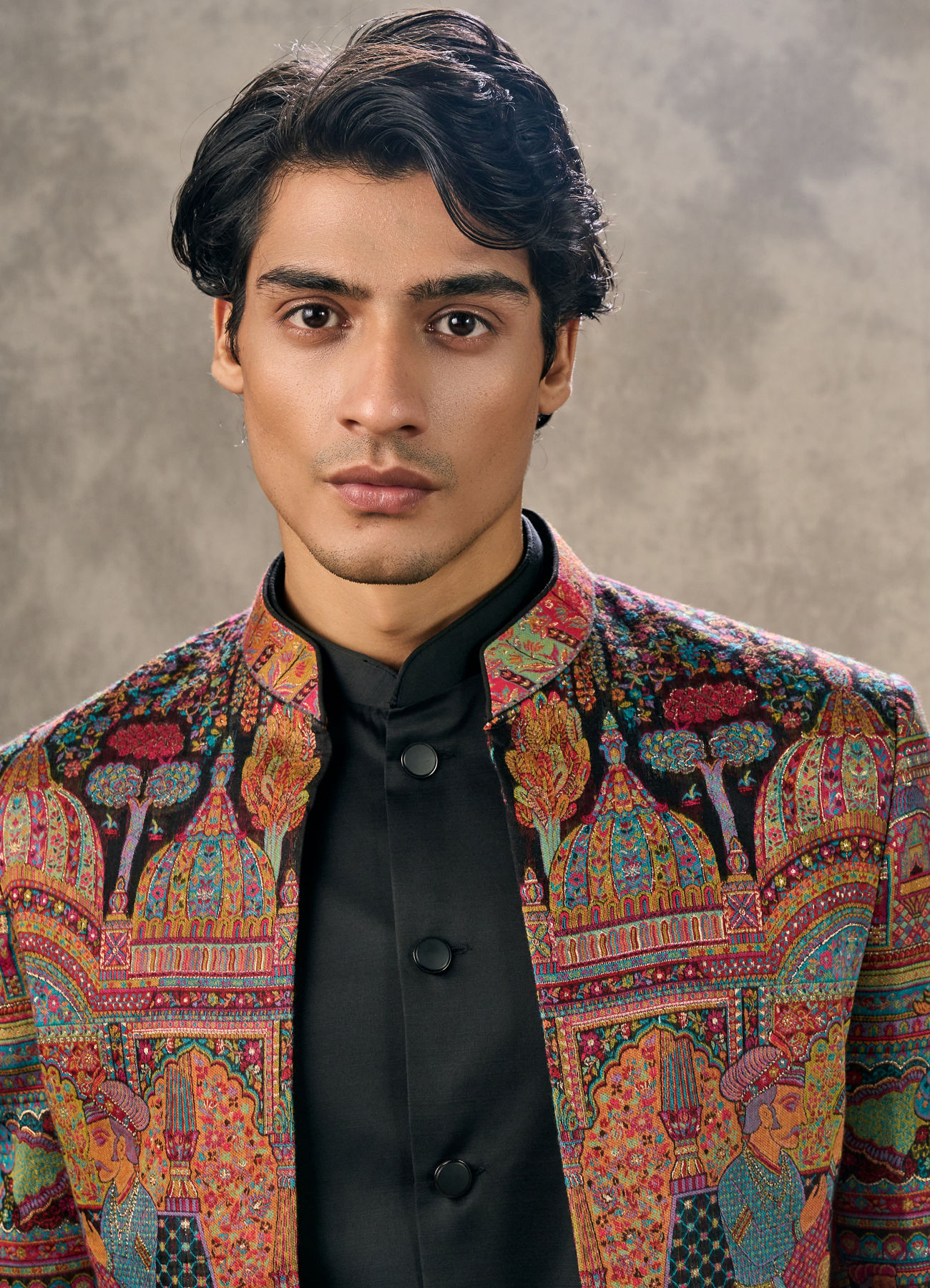 Twamev Men Black Georgette Multicolour Kalamkari Woven Indo Western Ensemble
