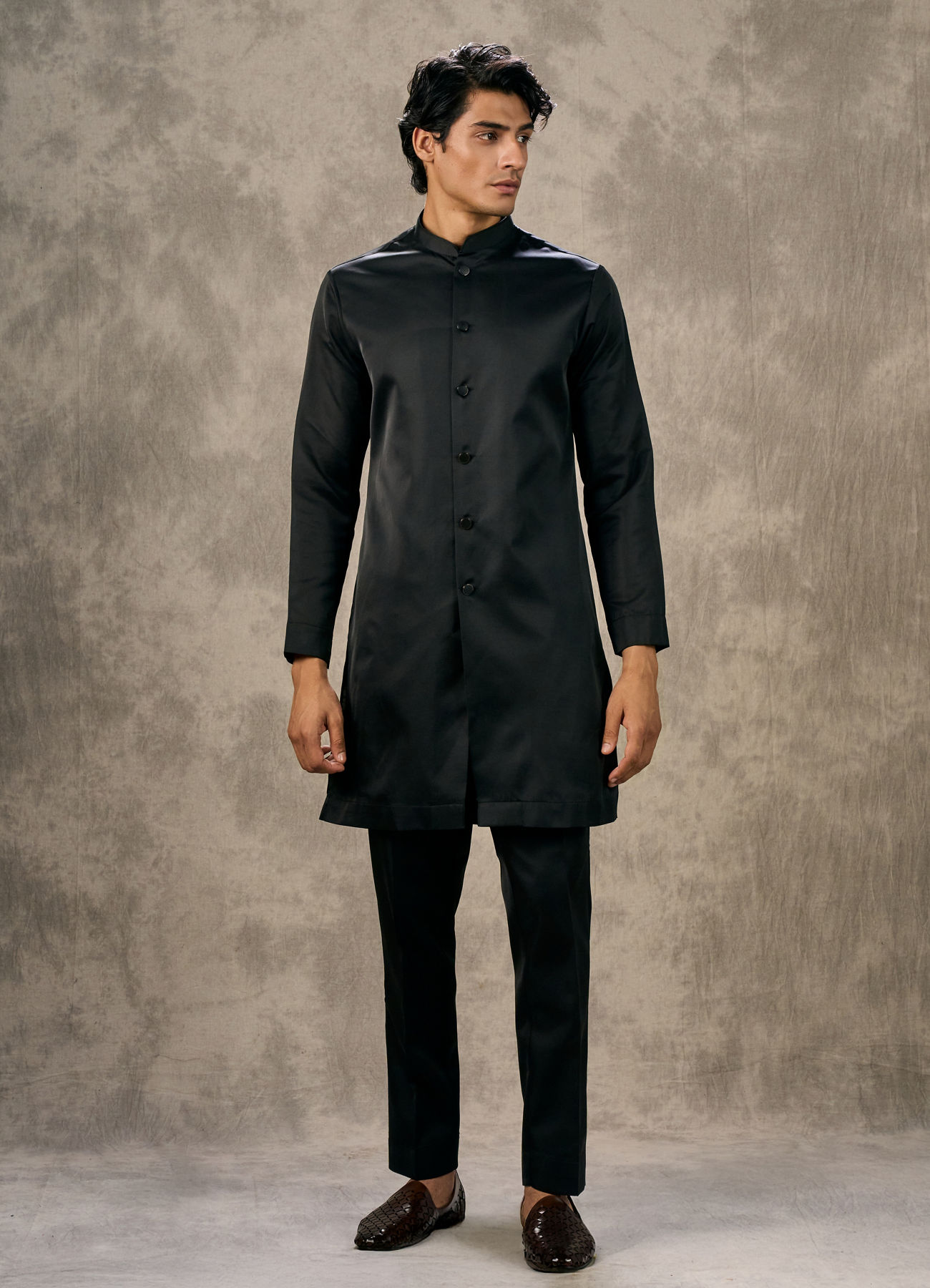 Twamev Men Black Georgette Multicolour Kalamkari Woven Indo Western Ensemble