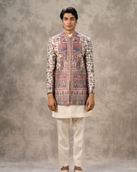 Twamev Men Cream Pashmina Silk Architectural Kalamkari Woven Indo Western Set