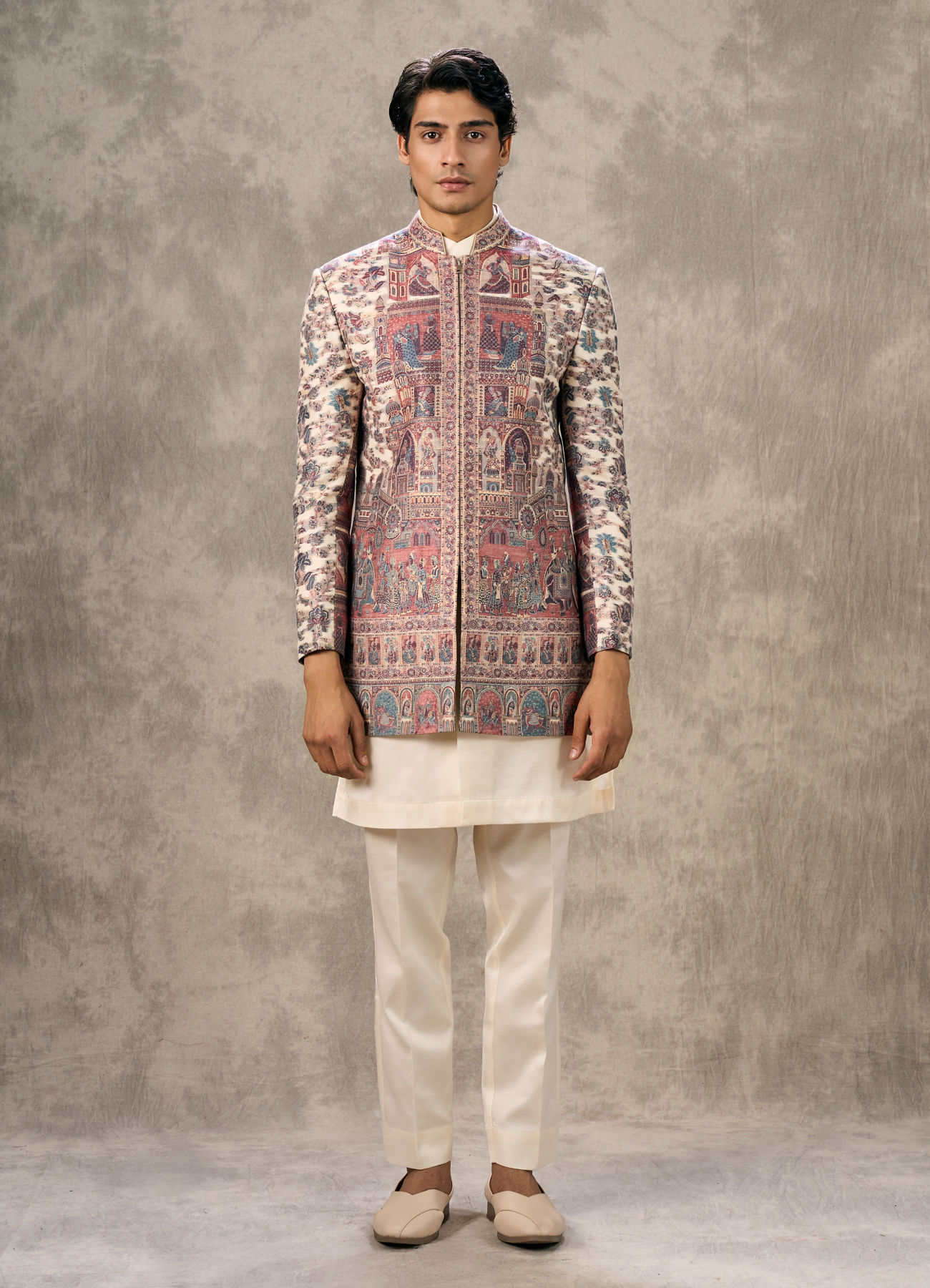 Twamev Men Cream Pashmina Silk Architectural Kalamkari Woven Indo Western Set