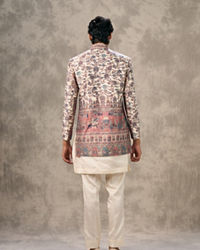 Twamev Men Cream Pashmina Silk Architectural Kalamkari Woven Indo Western Set
