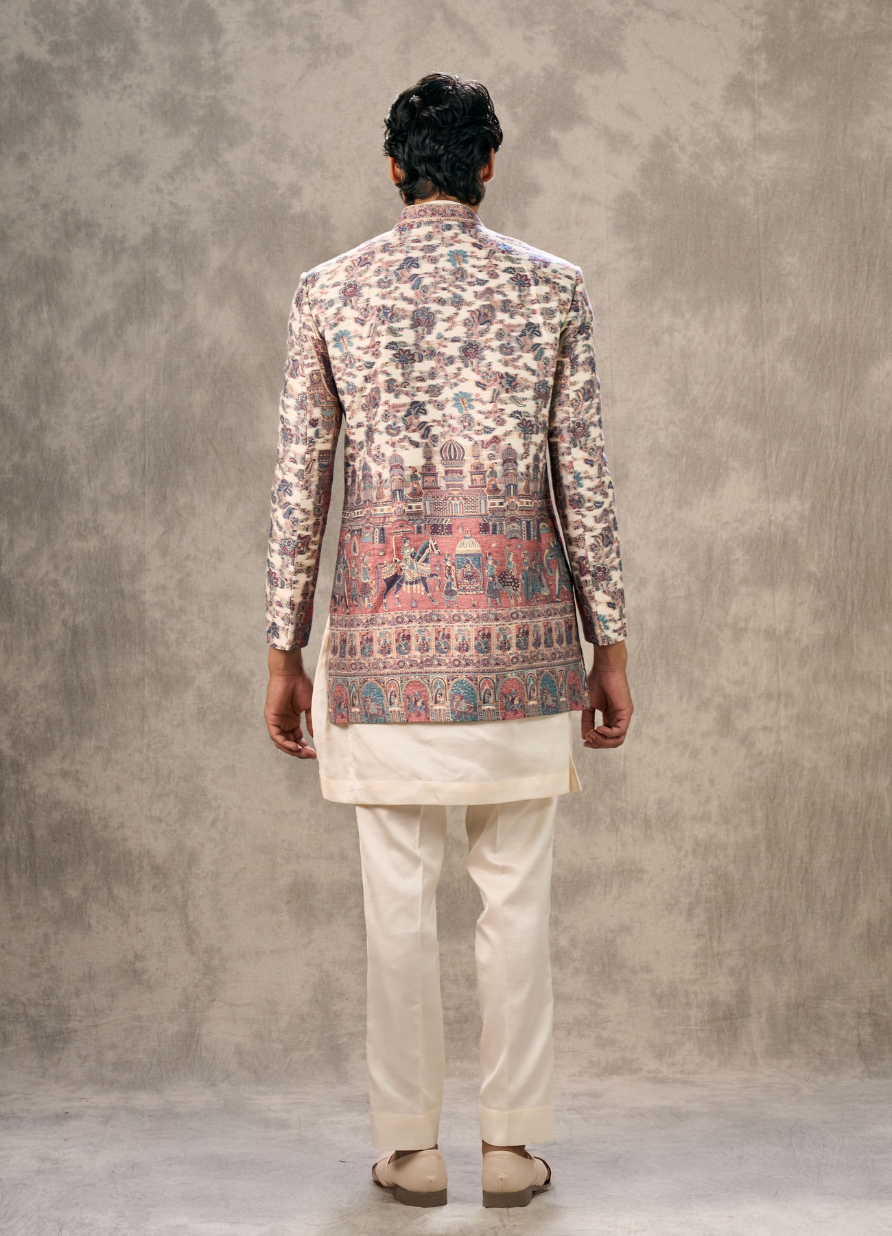 Twamev Men Cream Pashmina Silk Architectural Kalamkari Woven Indo Western Set