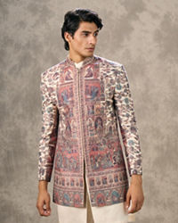 Twamev Men Cream Pashmina Silk Architectural Kalamkari Woven Indo Western Set