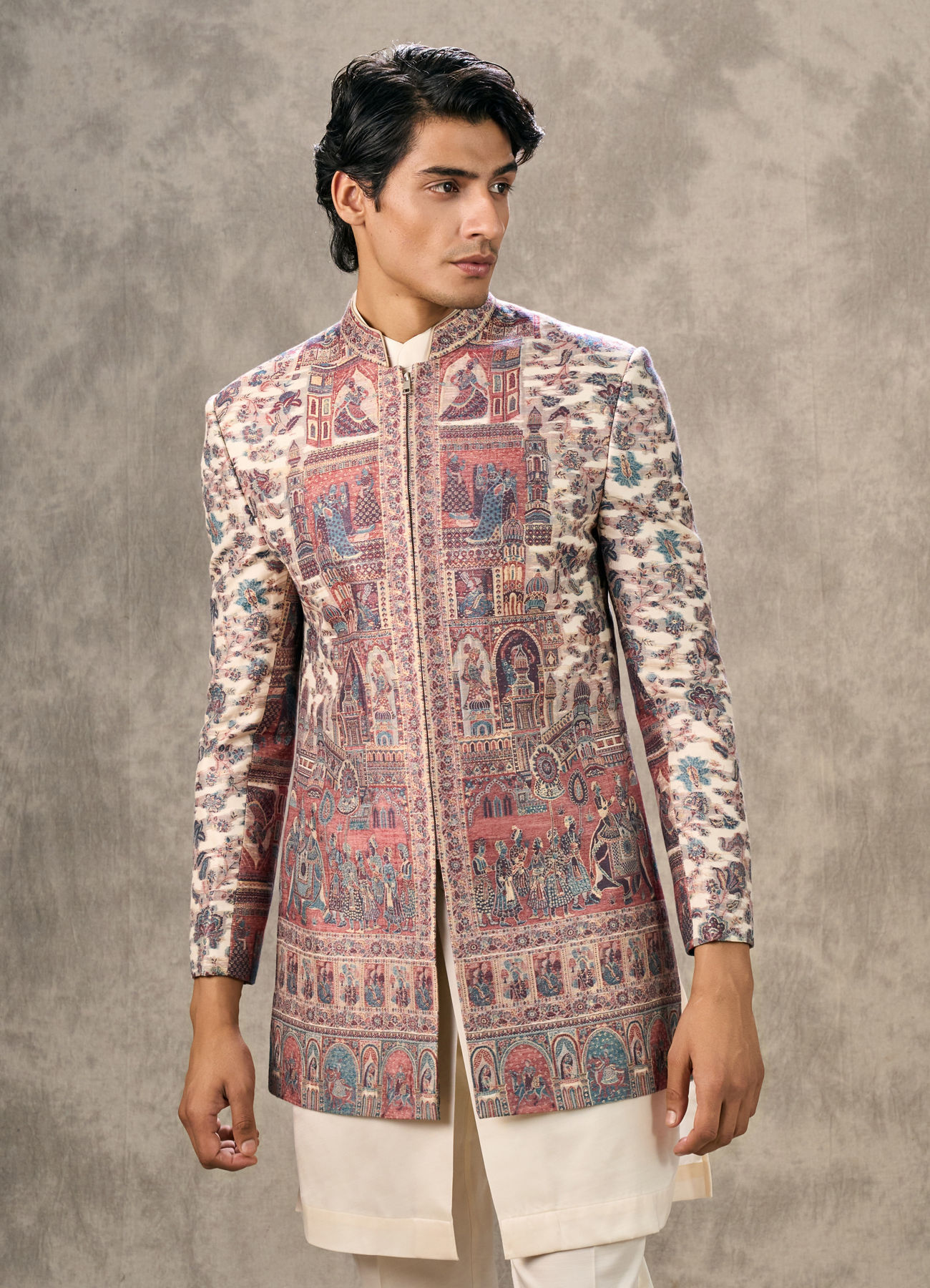 Twamev Men Cream Pashmina Silk Architectural Kalamkari Woven Indo Western Set
