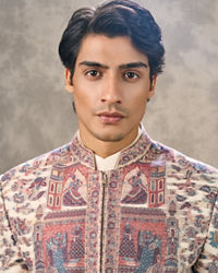 Twamev Men Cream Pashmina Silk Architectural Kalamkari Woven Indo Western Set