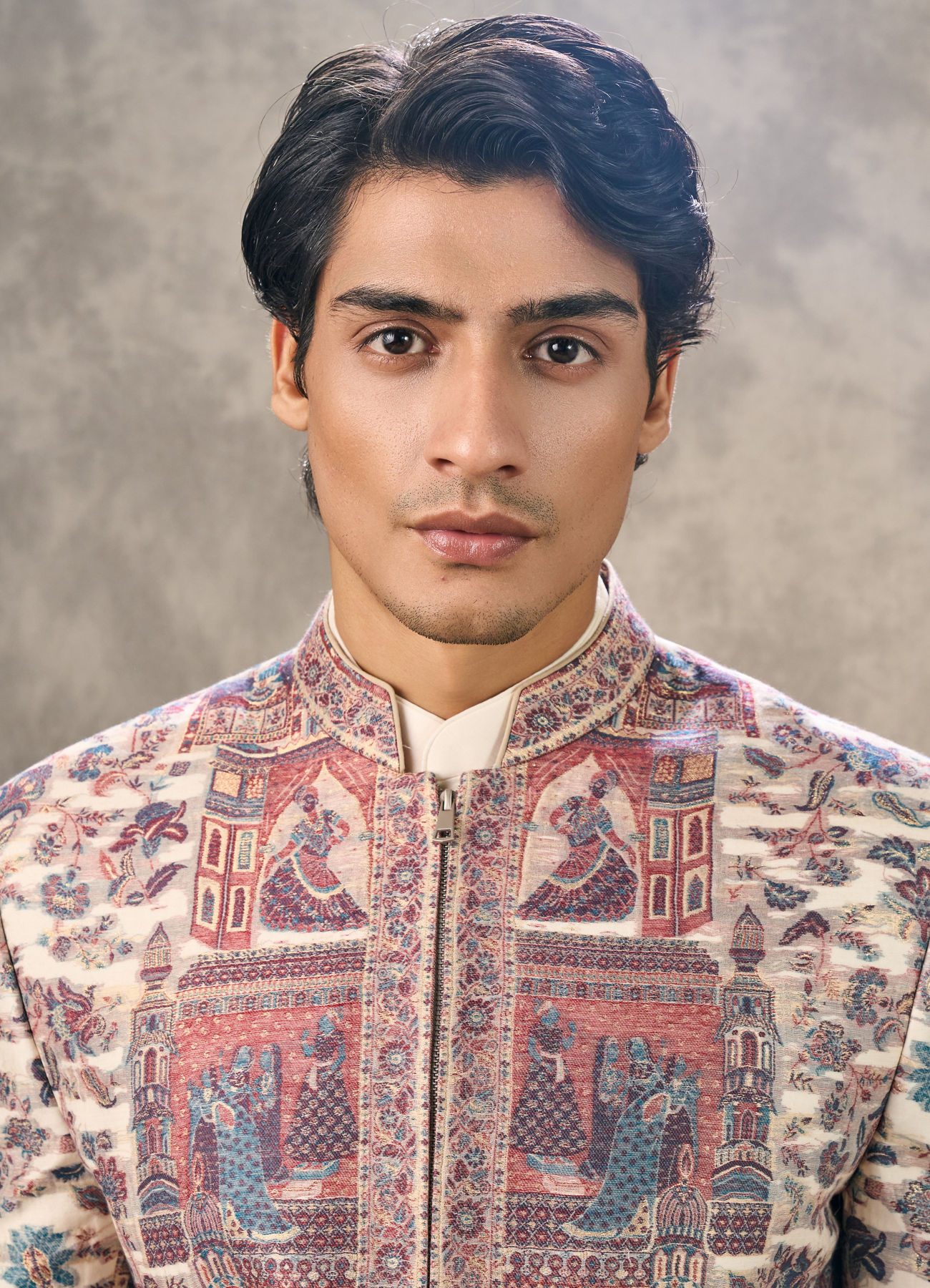 Twamev Men Cream Pashmina Silk Architectural Kalamkari Woven Indo Western Set