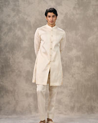 Twamev Men Cream Pashmina Silk Architectural Kalamkari Woven Indo Western Set