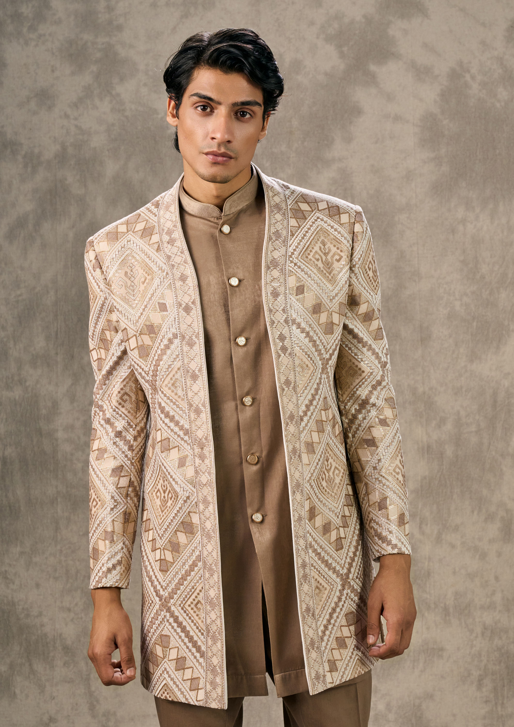 Twamev Men Cream Velvet Elegance Indo Western