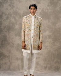 Twamev Men Cream Silk Multicolour Floral Animal Motif Embroidered Indo Western Set