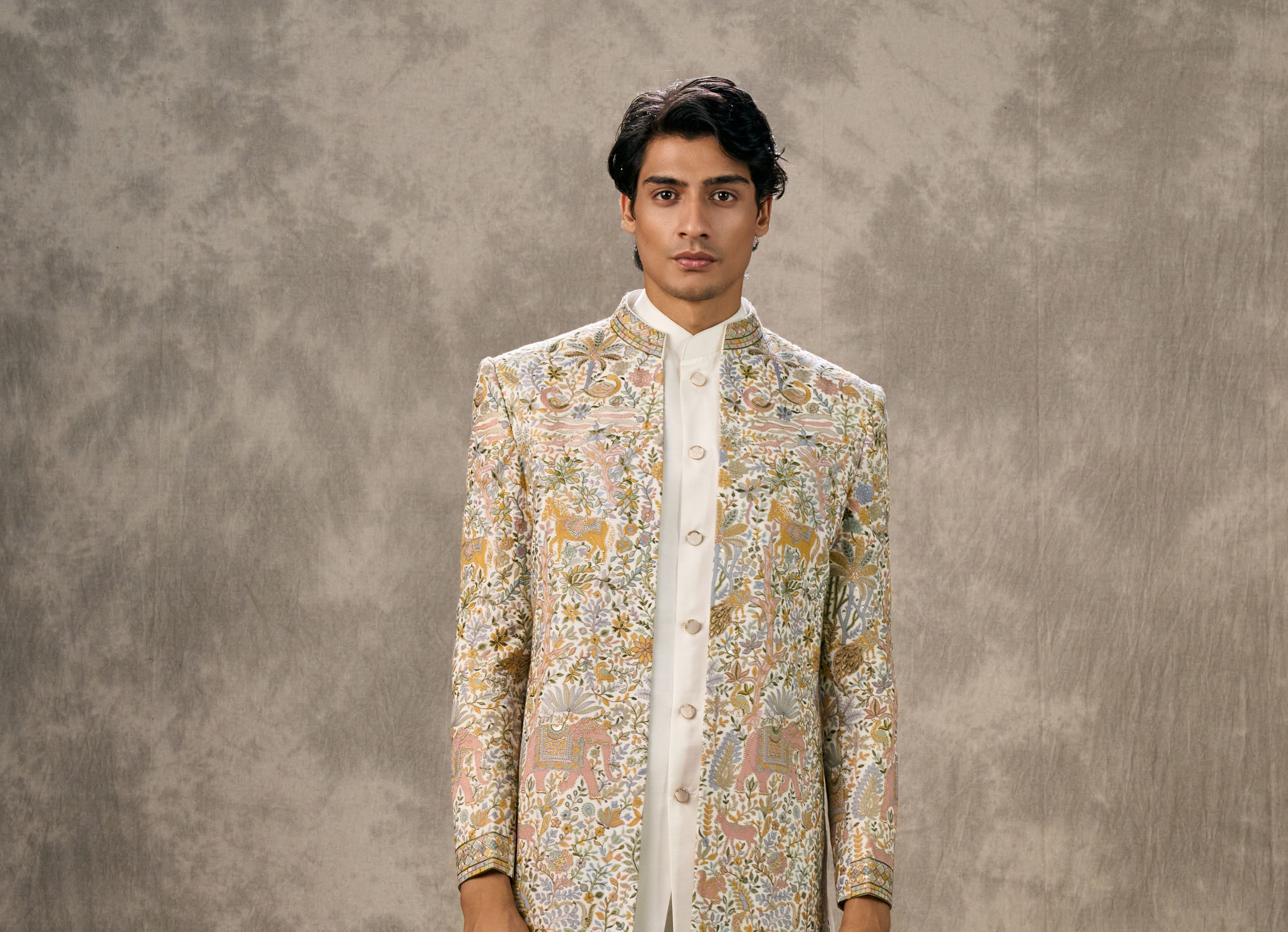 Twamev Men Cream Silk Multicolour Floral Animal Motif Embroidered Indo Western Set