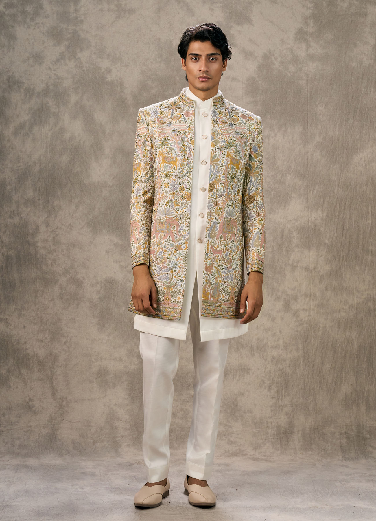 Twamev Men Cream Silk Multicolour Floral Animal Motif Embroidered Indo Western Set