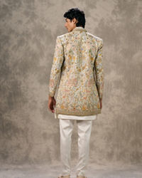 Twamev Men Cream Silk Multicolour Floral Animal Motif Embroidered Indo Western Set