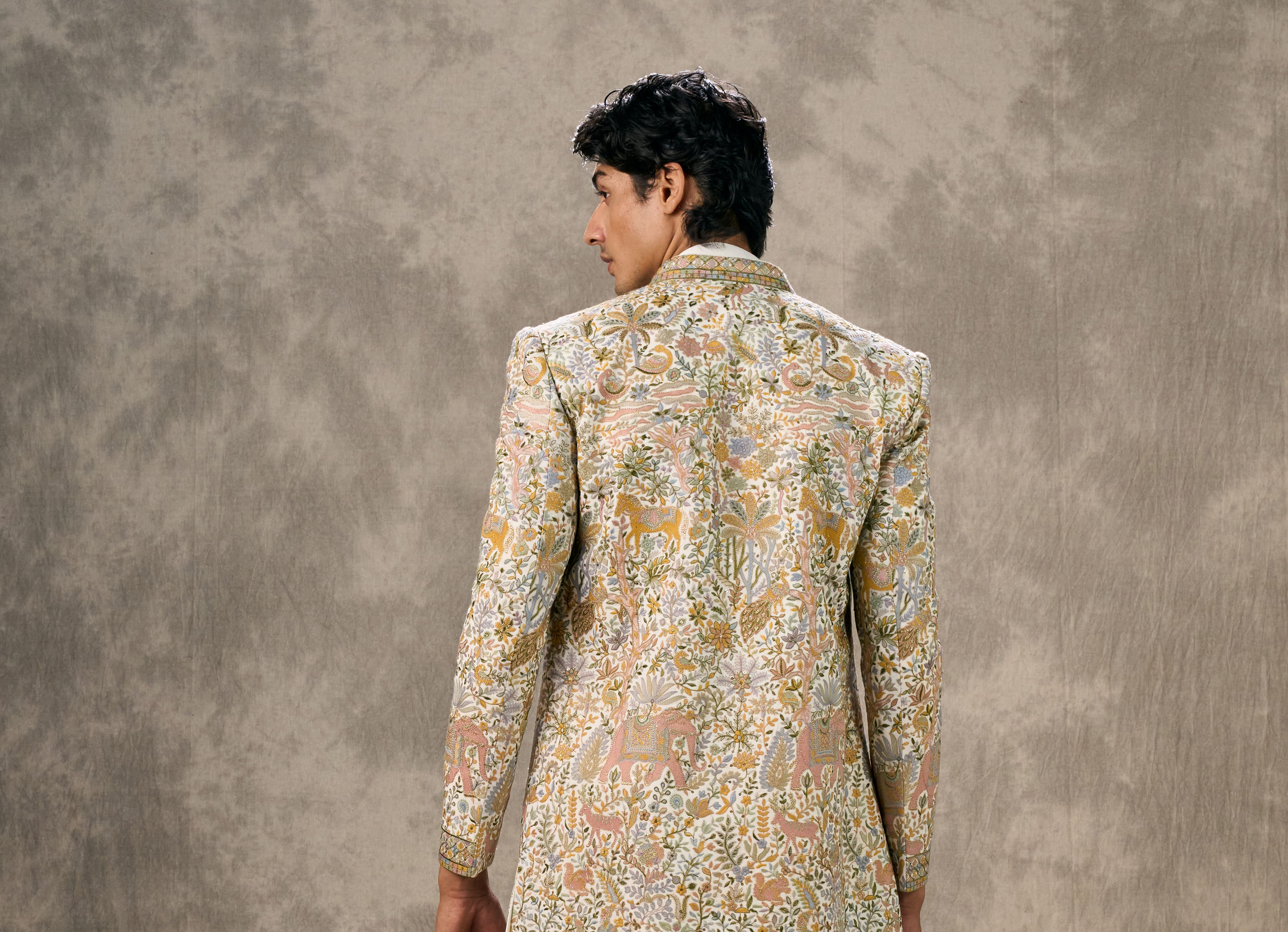 Twamev Men Cream Silk Multicolour Floral Animal Motif Embroidered Indo Western Set