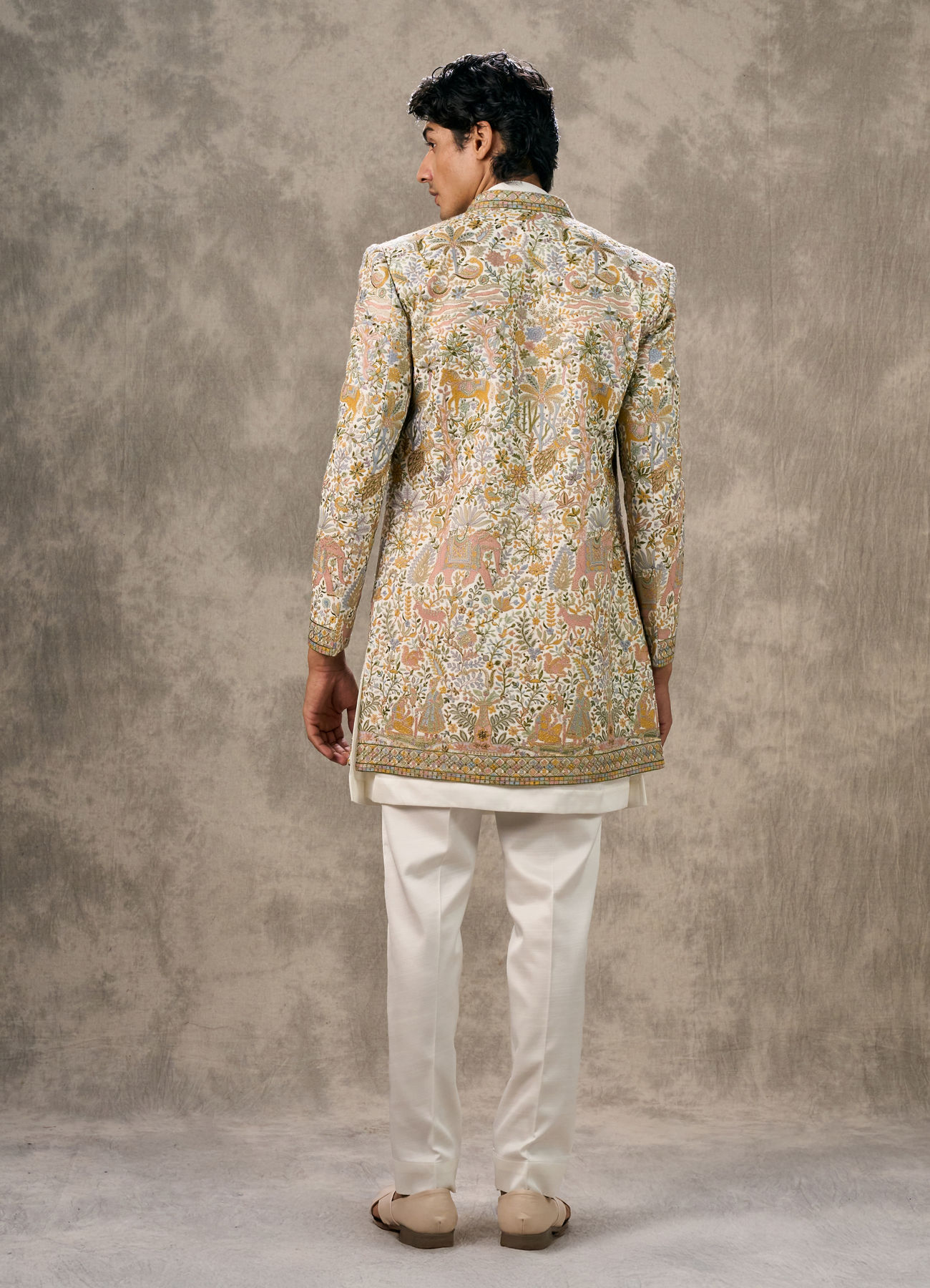 Twamev Men Cream Silk Multicolour Floral Animal Motif Embroidered Indo Western Set