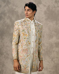 Twamev Men Cream Silk Multicolour Floral Animal Motif Embroidered Indo Western Set