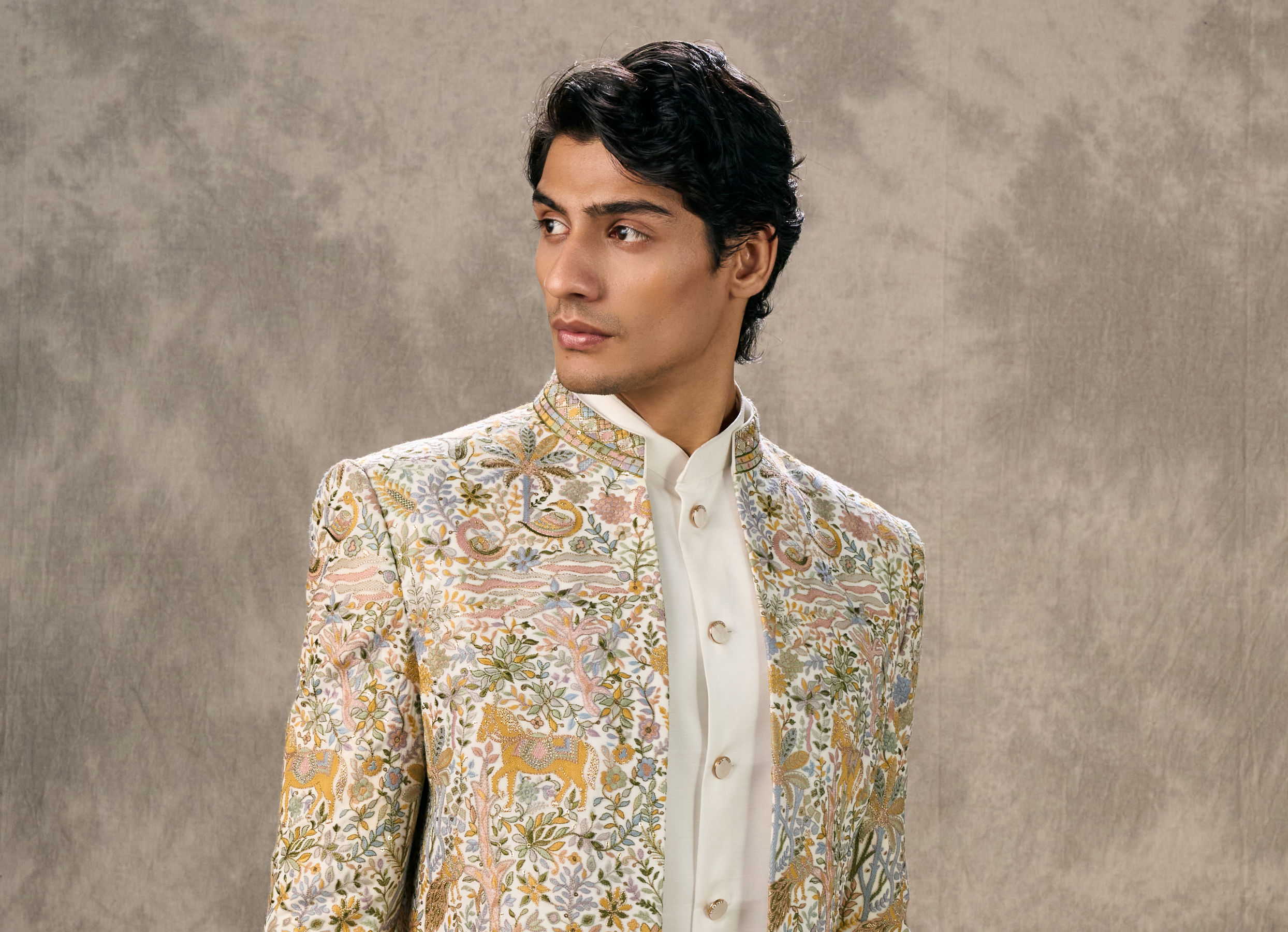 Twamev Men Cream Silk Multicolour Floral Animal Motif Embroidered Indo Western Set
