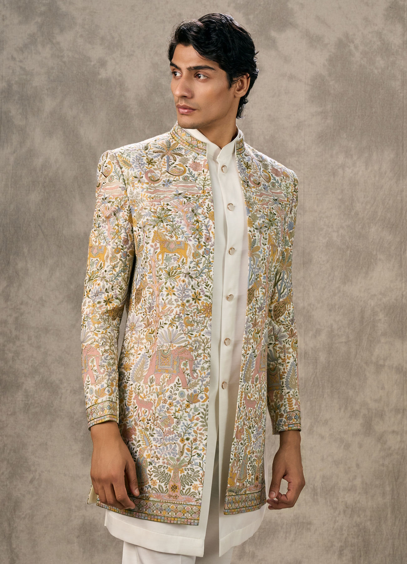Twamev Men Cream Silk Multicolour Floral Animal Motif Embroidered Indo Western Set