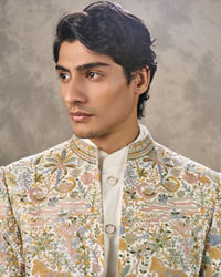 Twamev Men Cream Silk Multicolour Floral Animal Motif Embroidered Indo Western Set