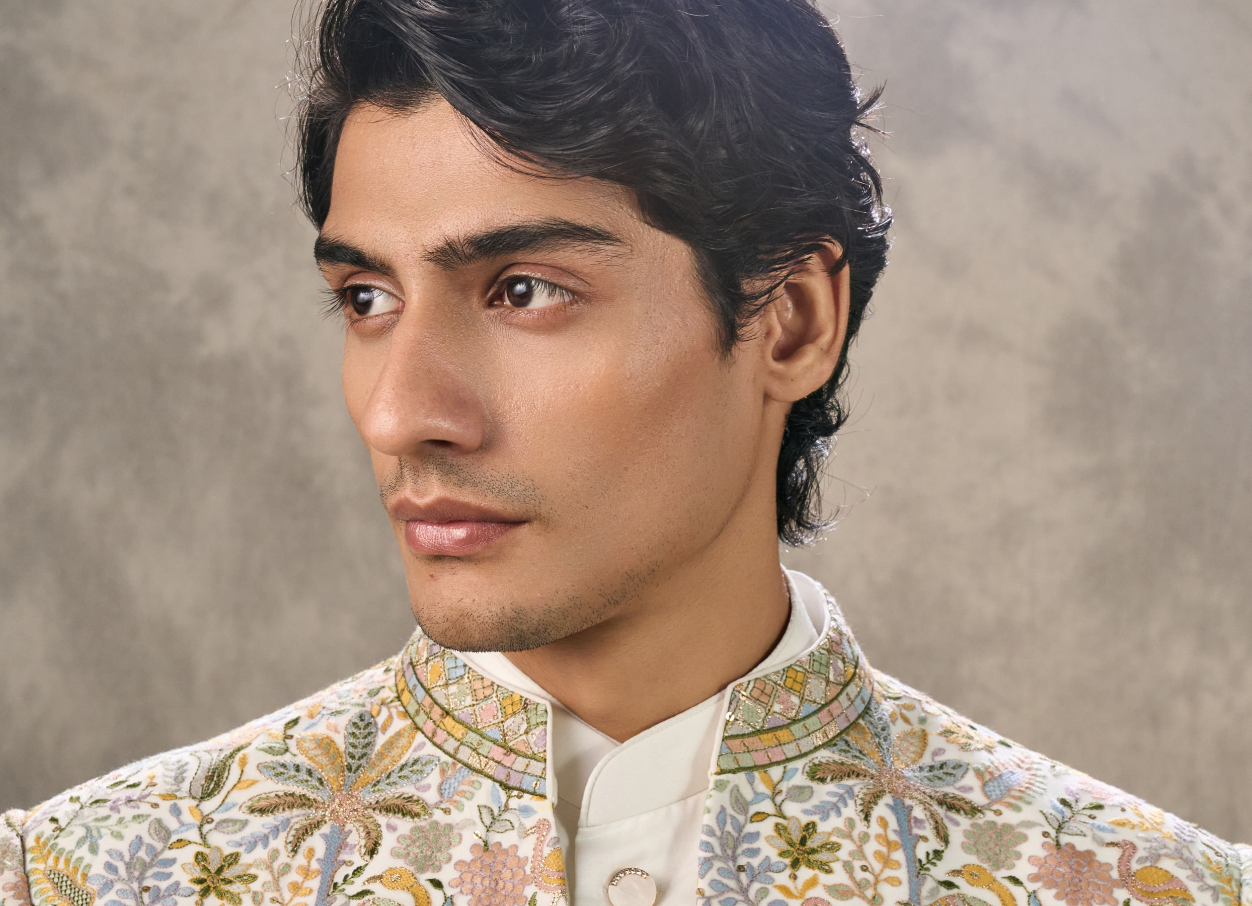 Twamev Men Cream Silk Multicolour Floral Animal Motif Embroidered Indo Western Set