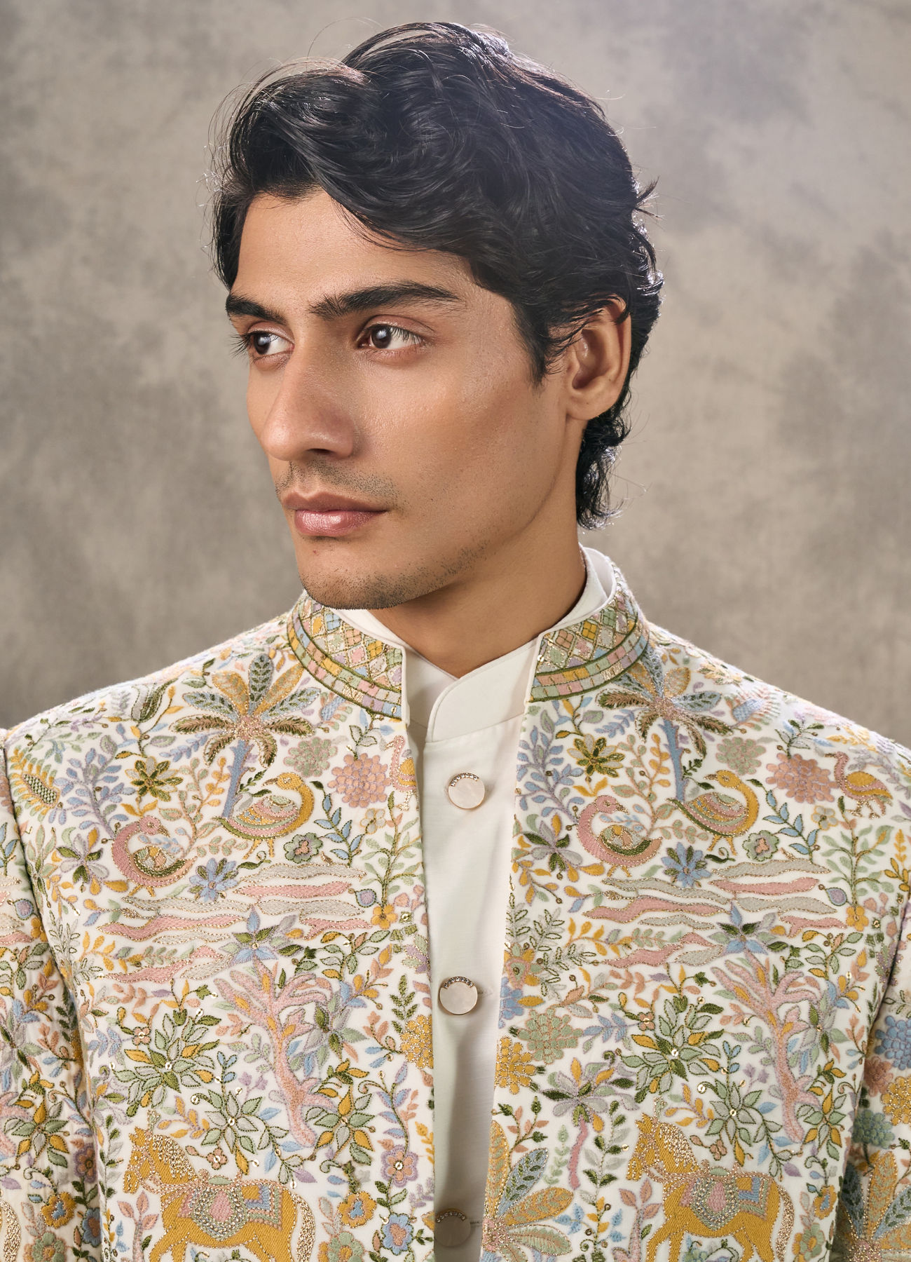 Twamev Men Cream Silk Multicolour Floral Animal Motif Embroidered Indo Western Set