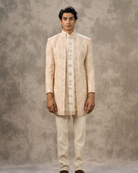 Twamev Men Cream Silk Resham Paisley Embroidered Indo Western Set