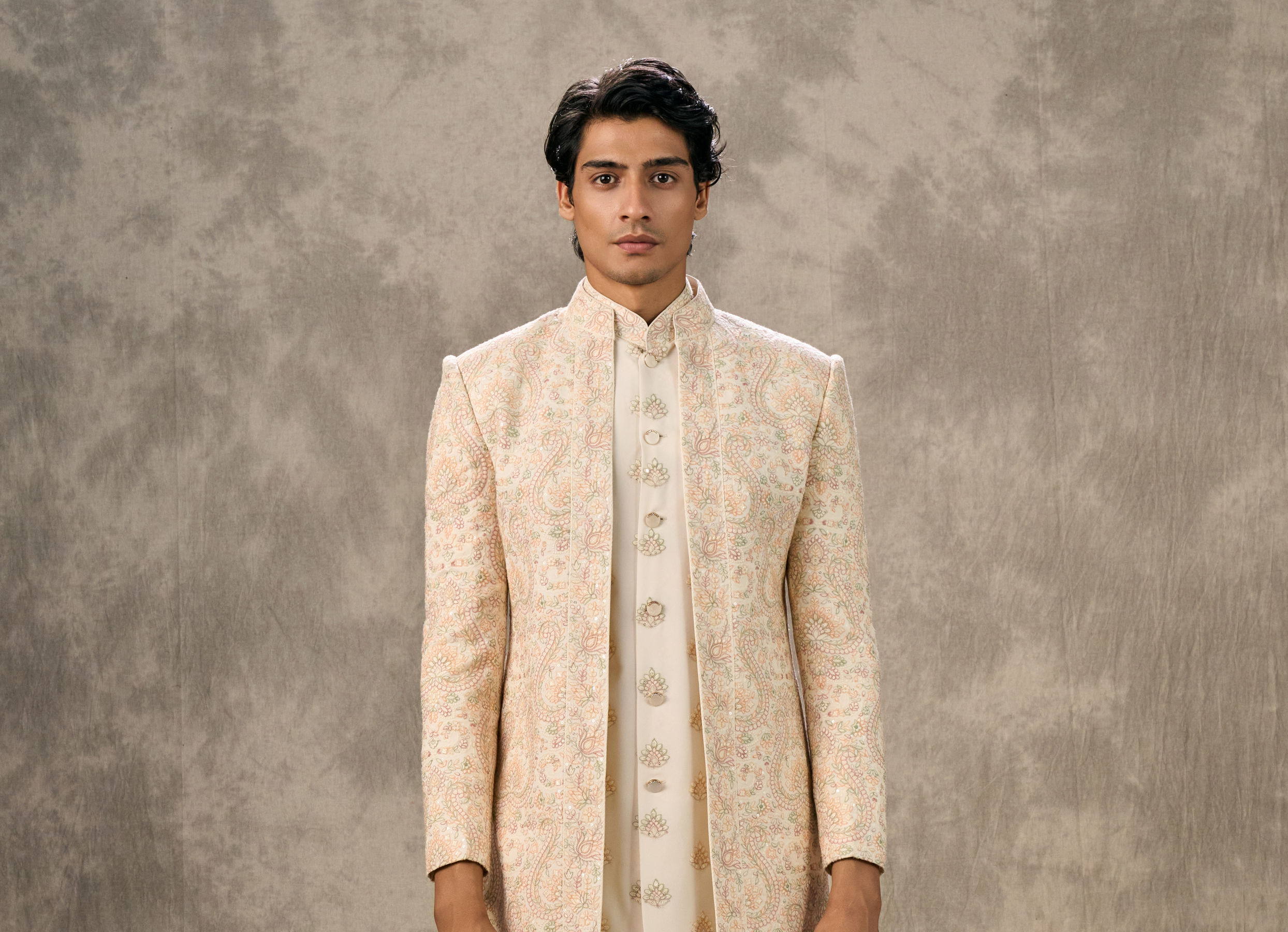 Twamev Men Cream Silk Resham Paisley Embroidered Indo Western Set