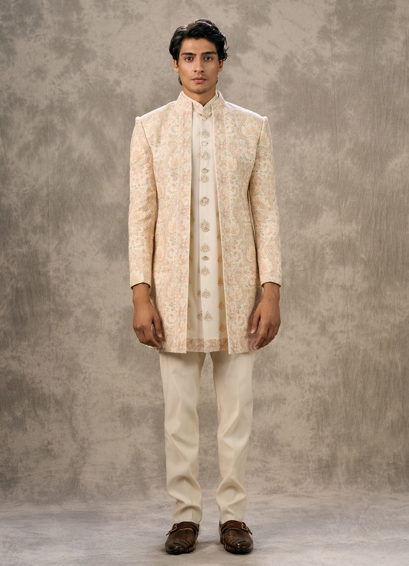 Twamev Men Cream Silk Resham Paisley Embroidered Indo Western Set