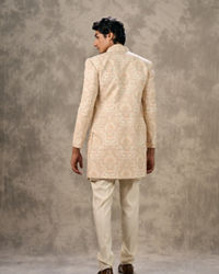 Twamev Men Cream Silk Resham Paisley Embroidered Indo Western Set